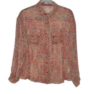 SEE U SOON Red Blue Semi Sheer Button Up Pocketed Top Small